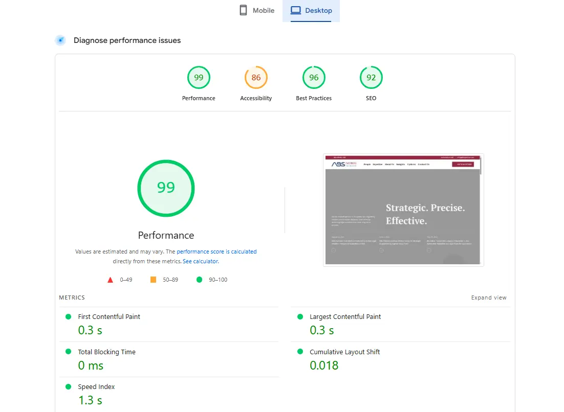 Desktop Page Speed Score of ABS Partners Law Firm