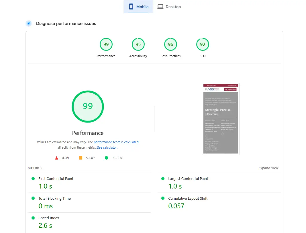 Mobile Page Speed Score of ABS Partners Law Firm