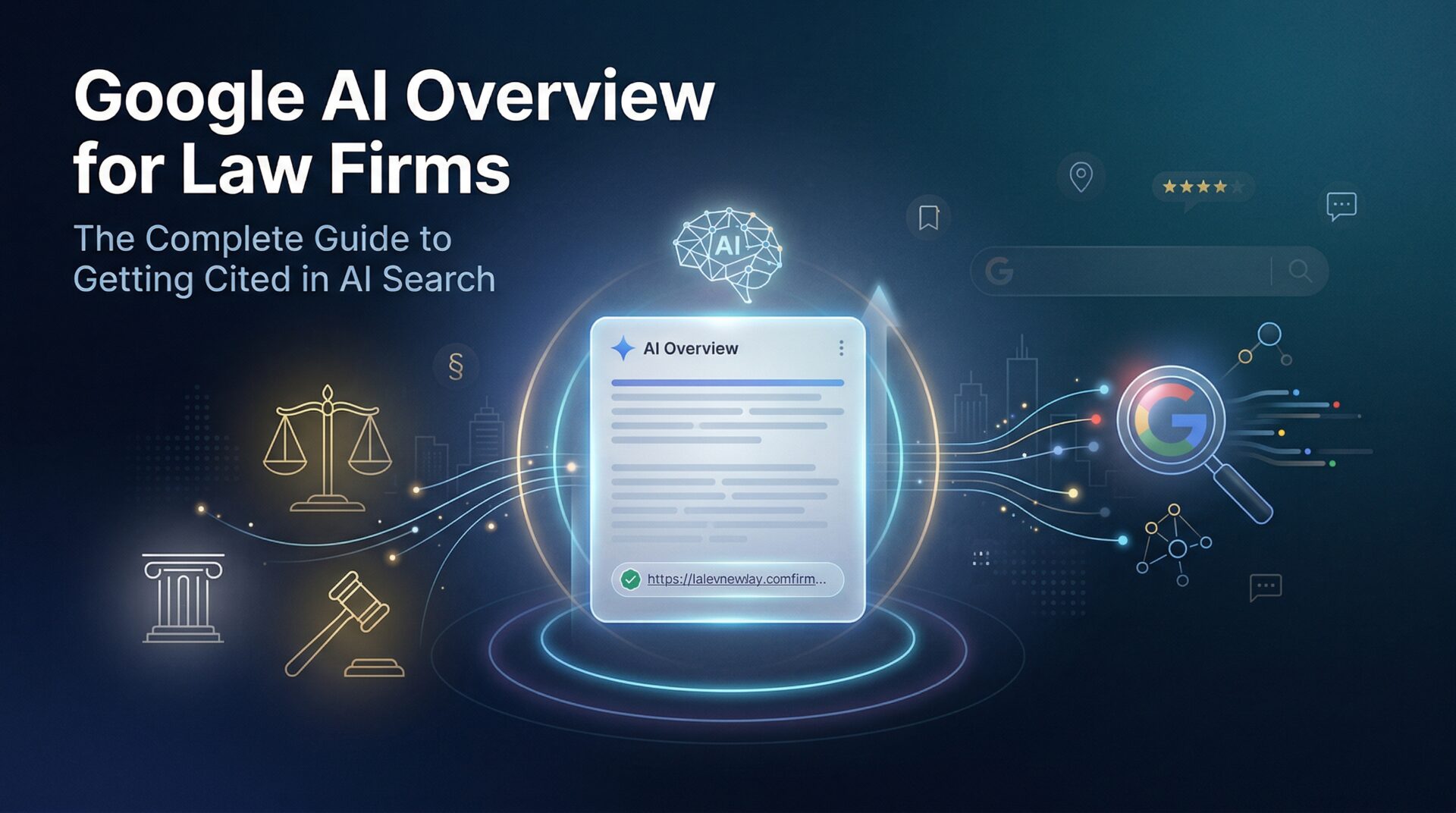 Google AI Overview search results for law firms with legal scales icon and AI-powered search optimization elements
