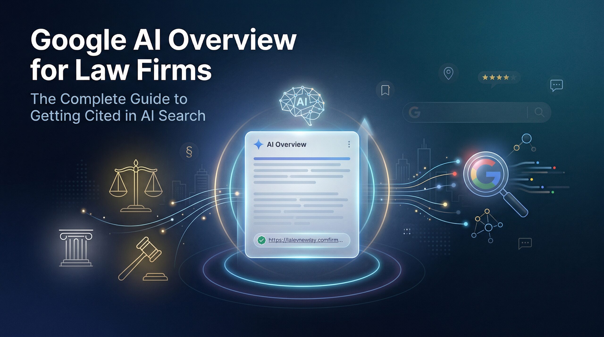 Google AI Overview search results for law firms with legal scales icon and AI-powered search optimization elements