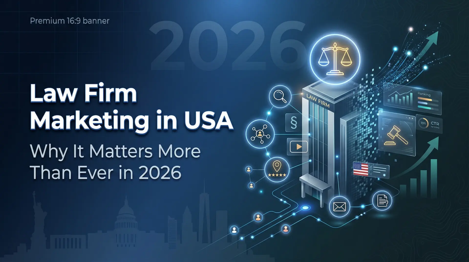 Modern US law firm digital marketing strategy concept with legal scales, digital analytics dashboard, and cityscape skyline i