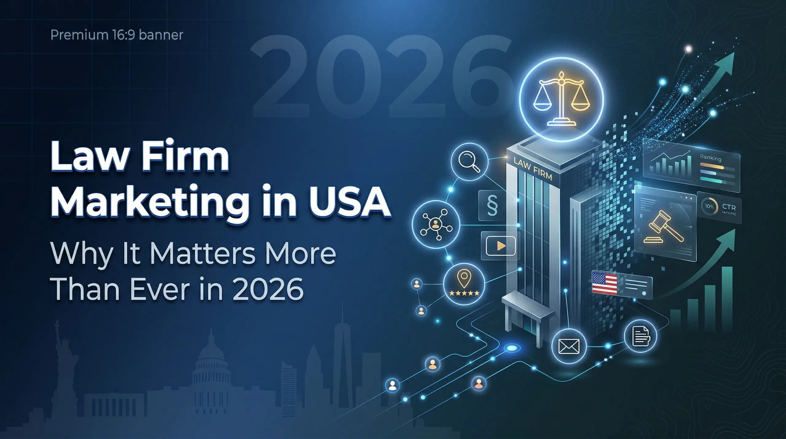Modern US law firm digital marketing strategy concept with legal scales, digital analytics dashboard, and cityscape skyline i