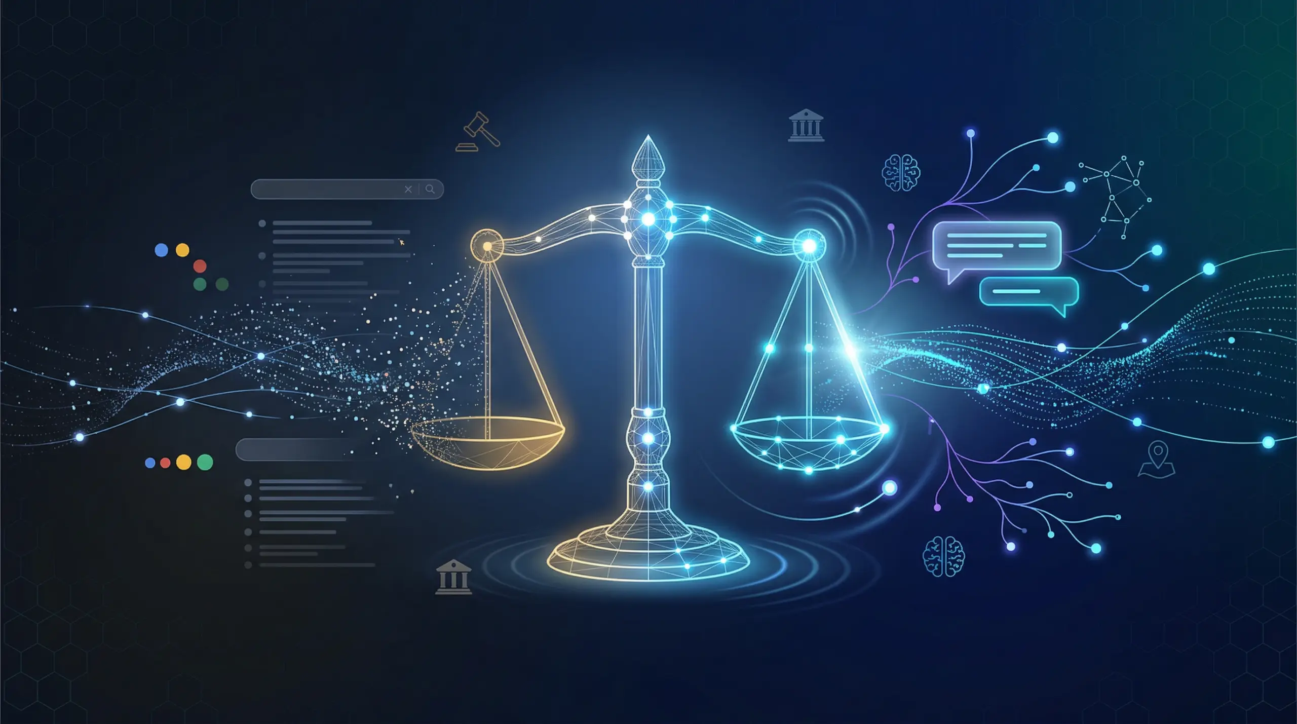 AI-powered digital interface overlaying a modern law firm office with glowing data streams, search icons, and legal scales sy