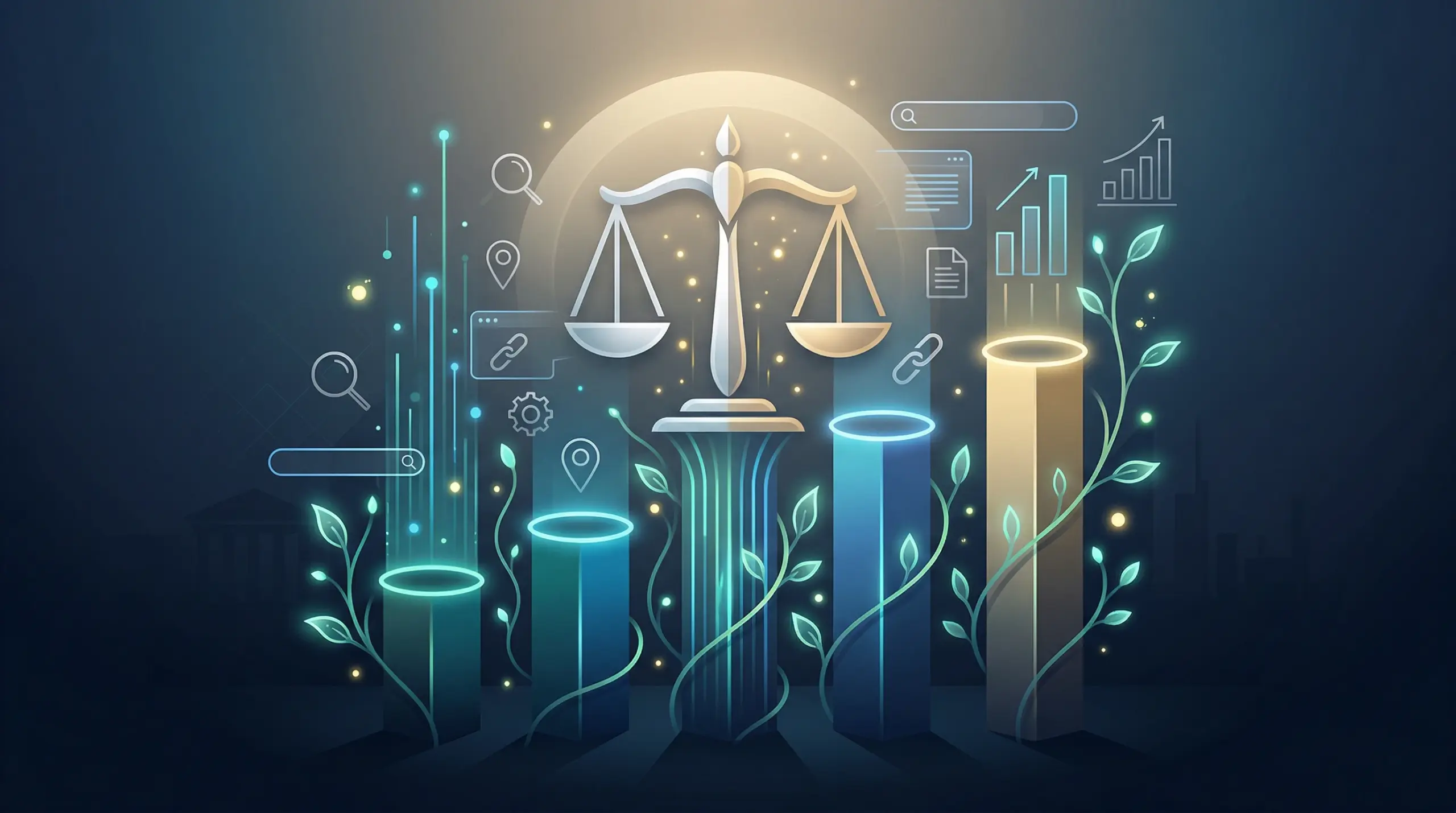Sophisticated digital marketing banner blending legal scales of justice with glowing SEO data analytics icons for law firm or