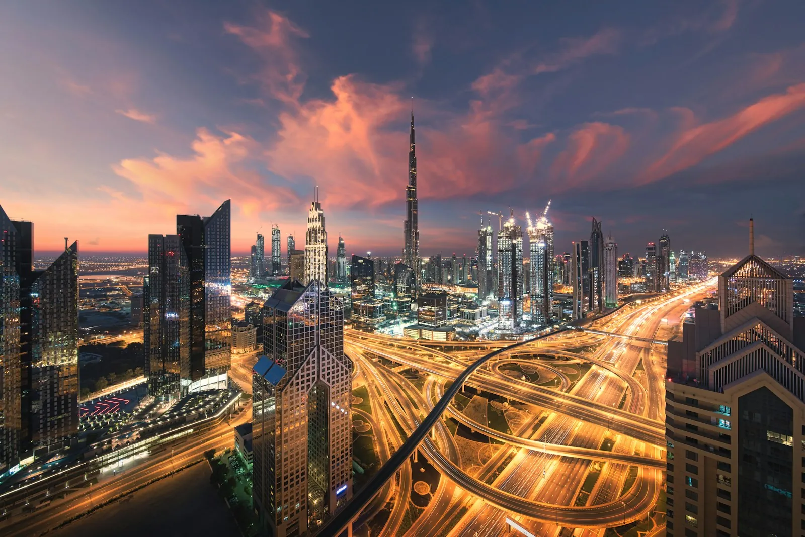 Sheikh Zayed Road and the Burj Khalifa at dusk, seen from above