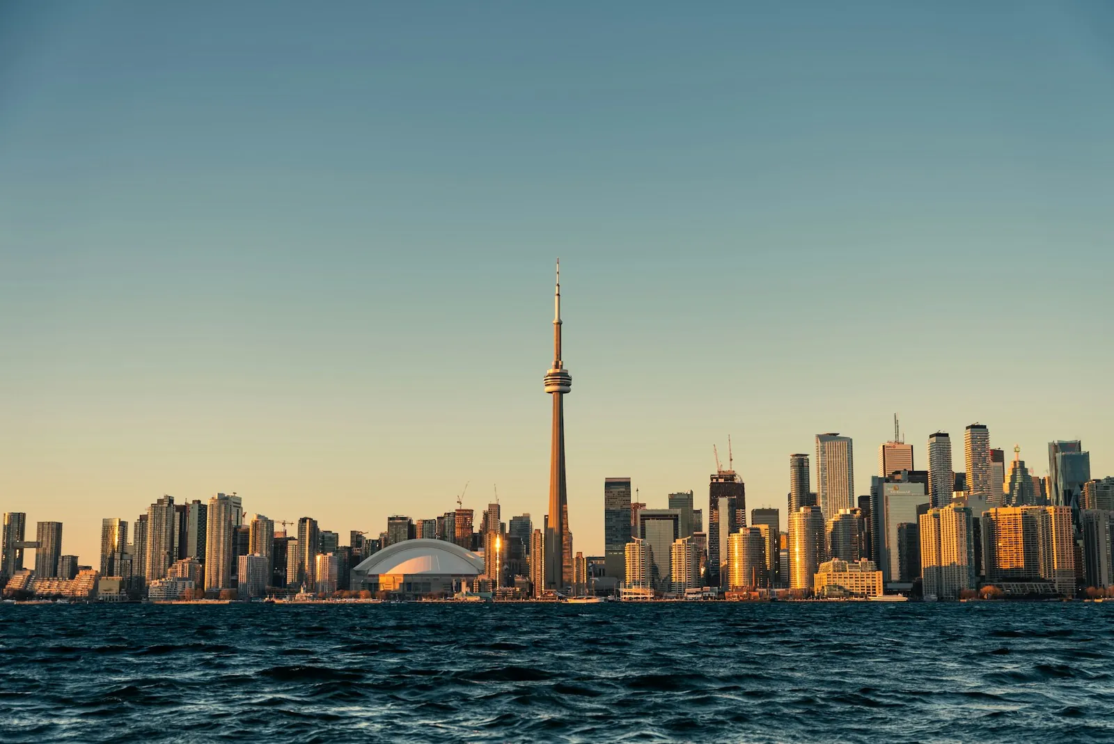 The Toronto skyline and CN Tower seen across Lake Ontario