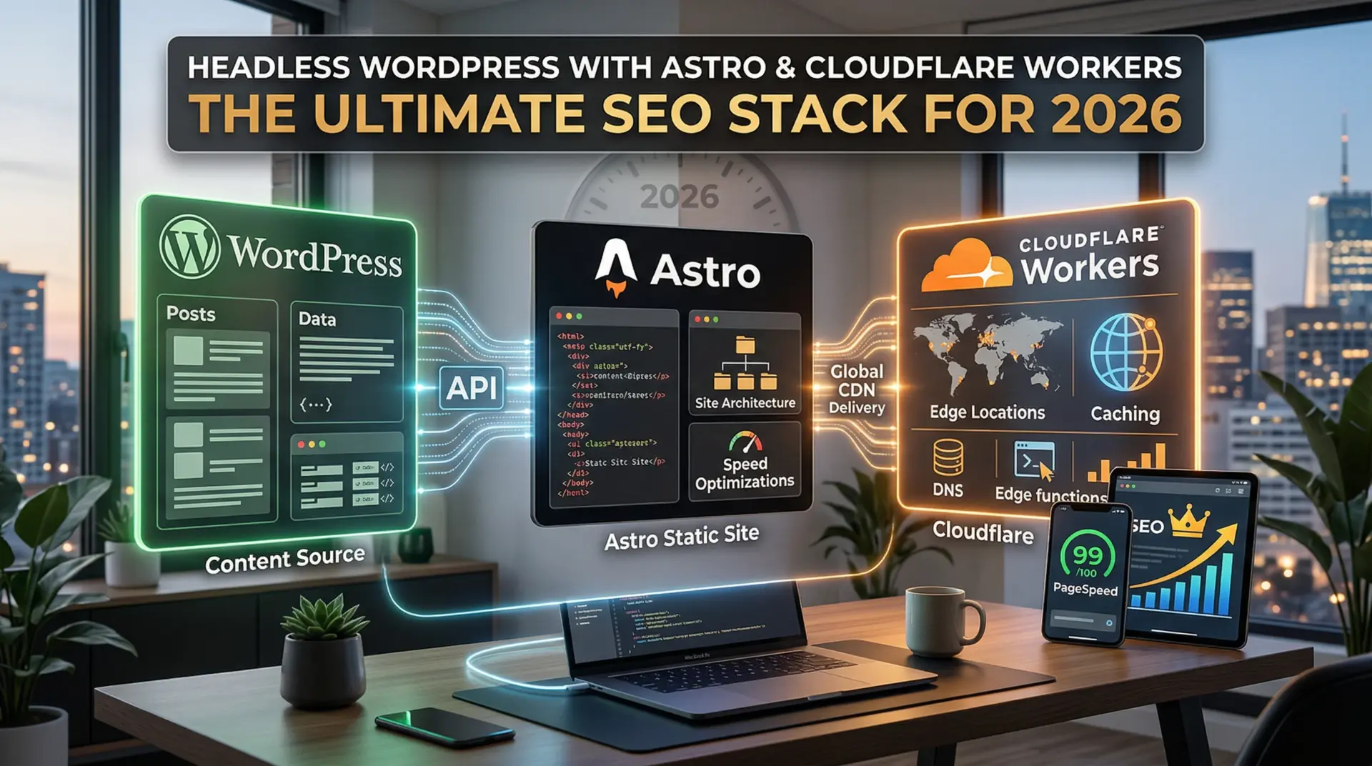 Headless WordPress with Astro and Cloudflare Workers architecture diagram for the ultimate SEO stack in 2026