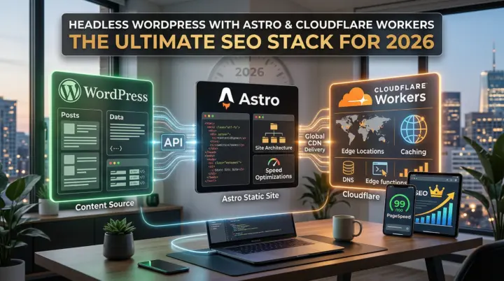 Headless WordPress with Astro and Cloudflare Workers architecture diagram for the ultimate SEO stack in 2026