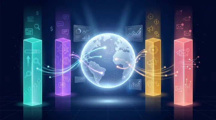 Futuristic digital strategy command center displaying four pillars of internet presence: SEO, GEO, Ads, and Email marketing i