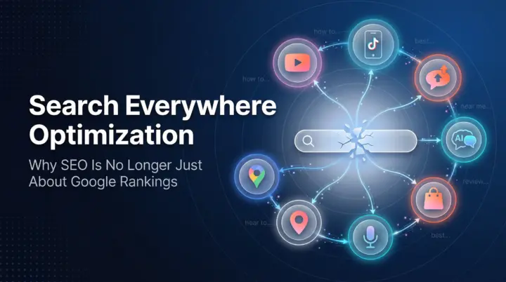 Modern digital ecosystem showing search icons for Google, TikTok, ChatGPT, Amazon, and voice assistants connected in a glowin