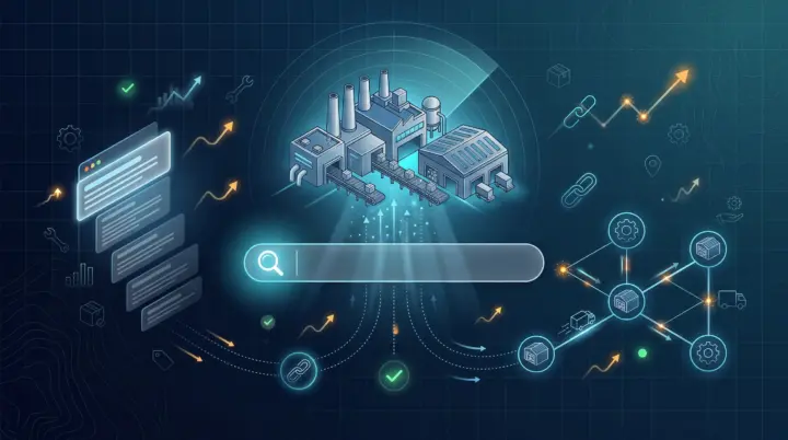 Modern factory floor with digital SEO analytics dashboards, search icons, and supply chain graphics overlaying industrial mac