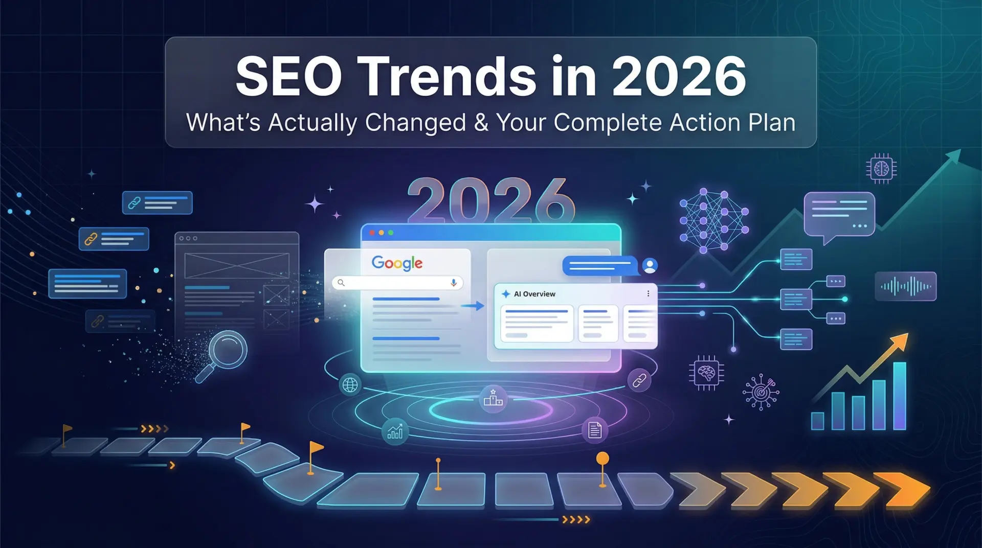 Futuristic SEO data command center with holographic analytics dashboards, trend graphs, and glowing search metrics for 2026