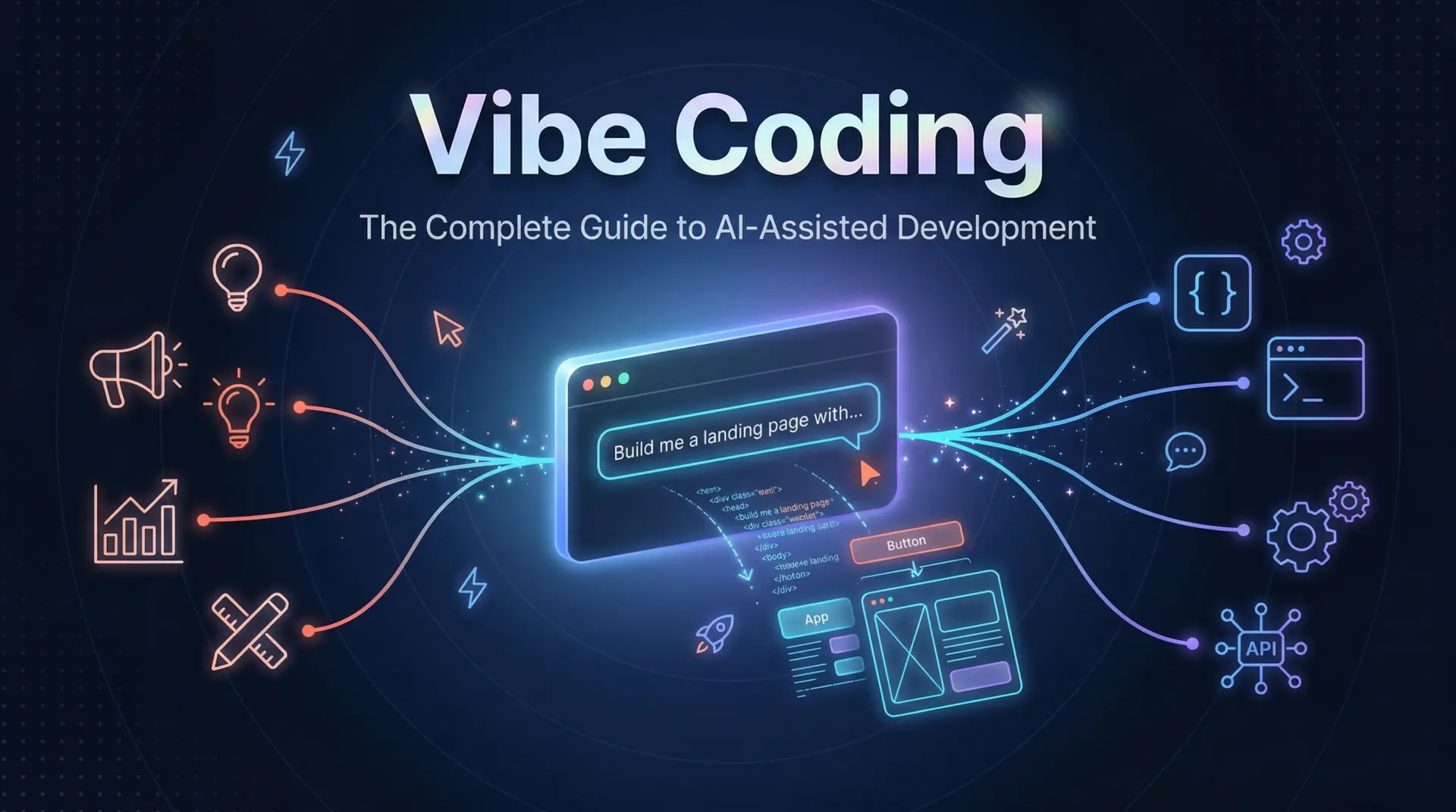 Futuristic workspace showing AI-assisted vibe coding interface with natural language prompts transforming into code on glowin