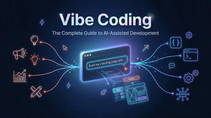 Futuristic workspace showing AI-assisted vibe coding interface with natural language prompts transforming into code on glowin